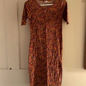 Lularoe Julia dress with autumn colored pattern